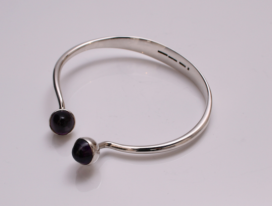 Bent Knudsen Danish Silver Jewelry, Bent Knudsen, danish silver, danish jewellery, georg jensen silver, georg jensen uk at Grasilver.com, buy Bangle Designed by Annie & Bent Knudsen Kolding Denmark 1956 Sterling Silver with Amethyst Cabochons Handmade Design No 5.  Signed Bent K. 31 Grams